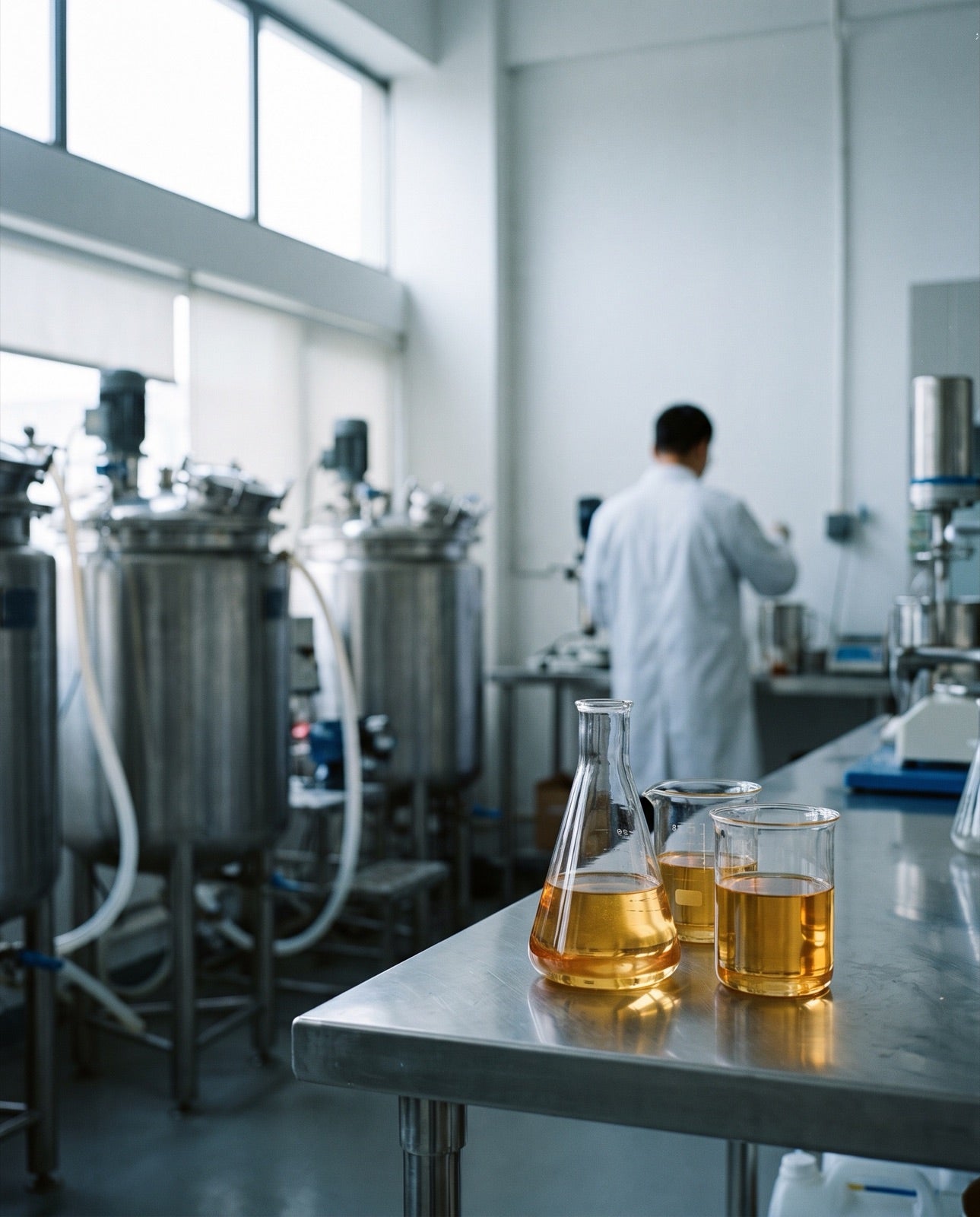 Cosmetics formulation lab in Incheon, South Korea — golden oil in glassware