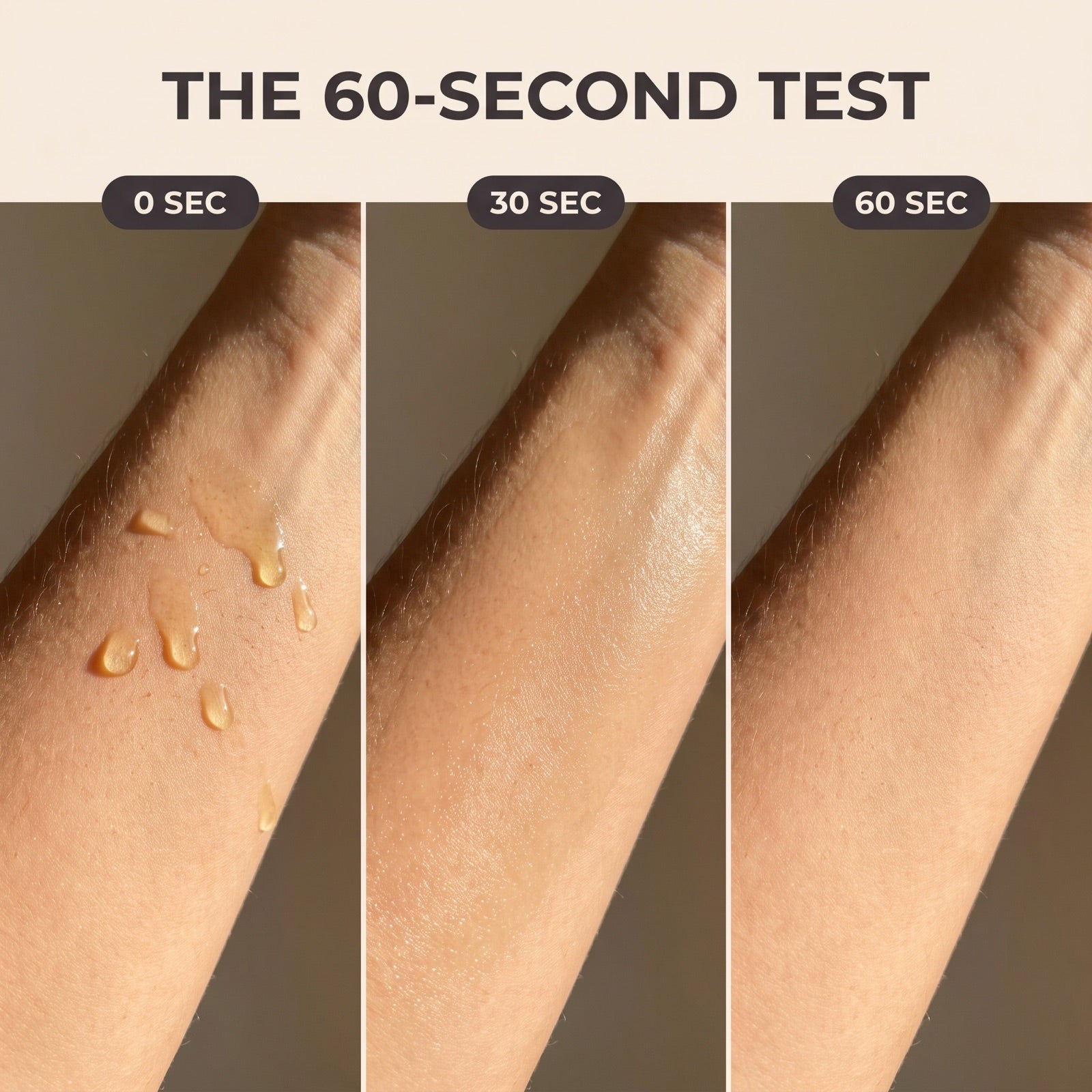 Absorption test on real skin at 0 30 and 60 seconds