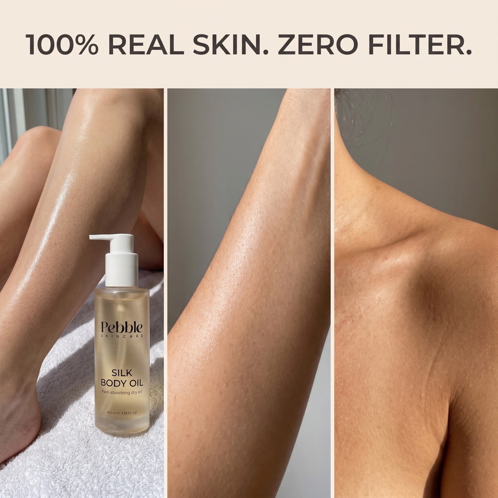 Three unfiltered photos of real skin with oil sheen