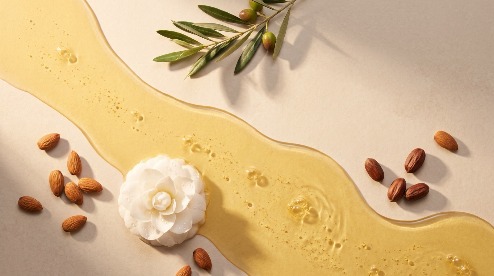 Camellia blossom, golden oil, almonds and jojoba leaves