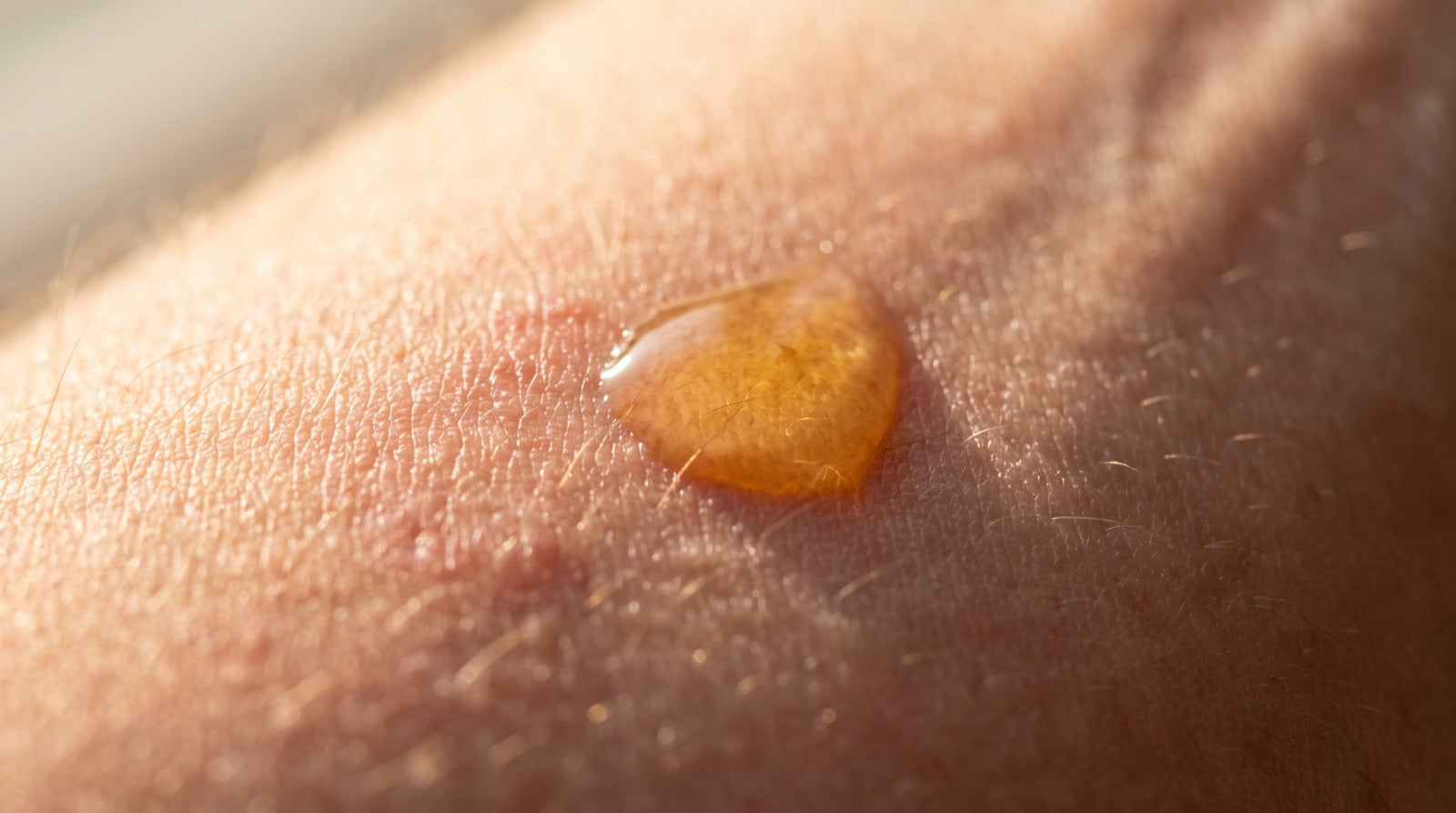 Macro of a golden oil droplet on skin