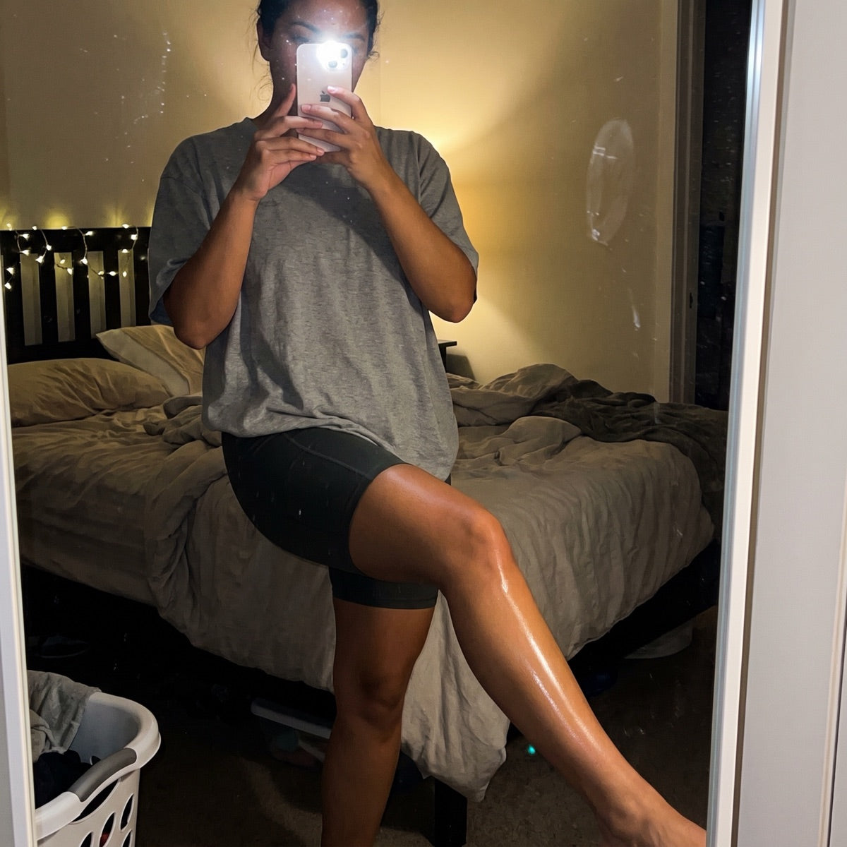 Customer mirror photo showing glossy legs