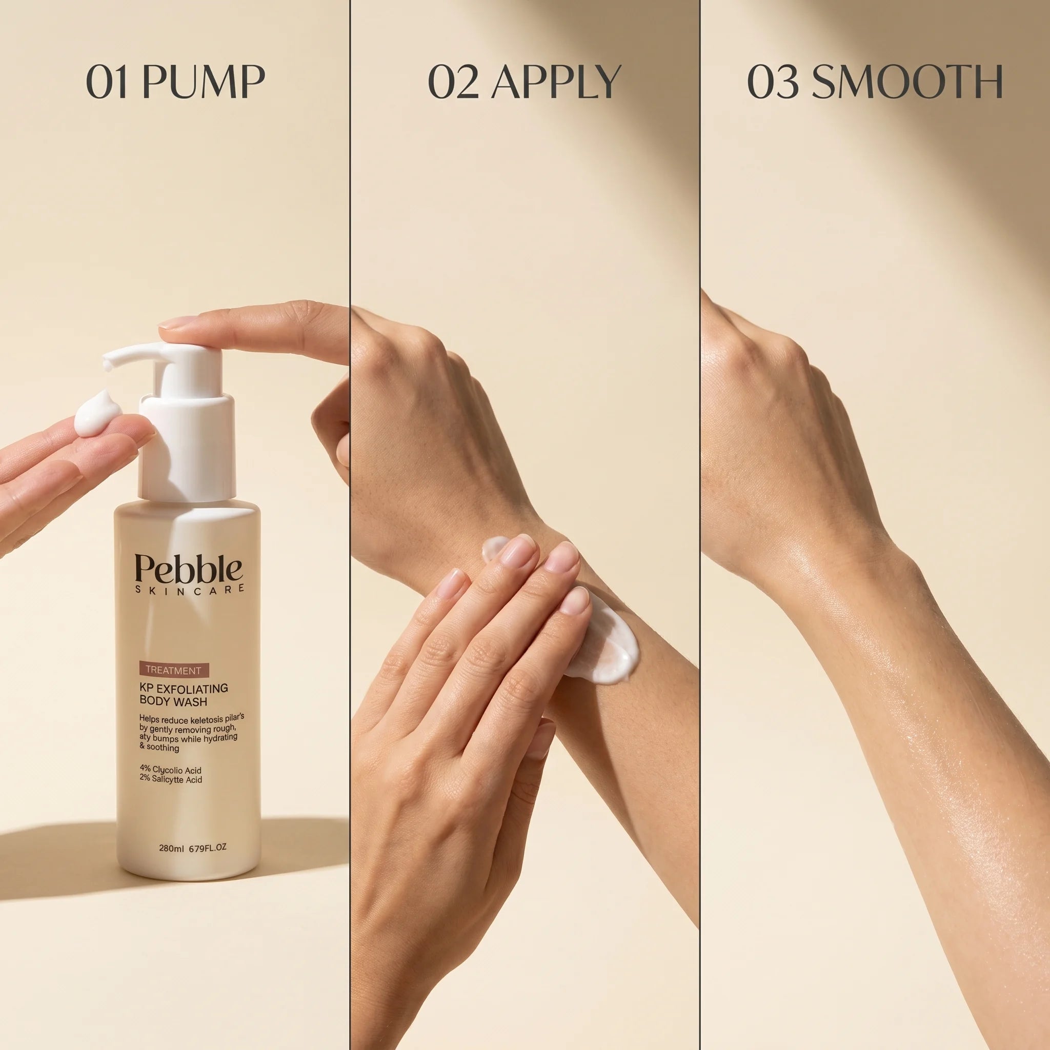 3-step Pebble routine: 01 Pump, 02 Apply, 03 Smooth — on cream paper backdrop.