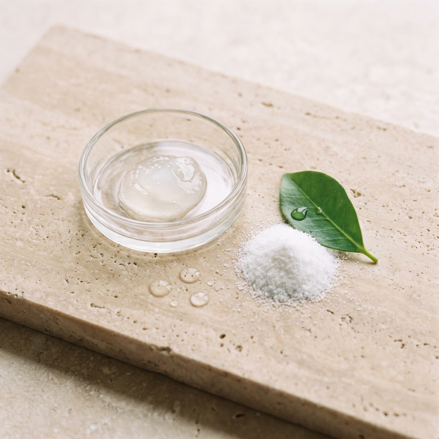 Clean ingredient still life with acid droplets and urea crystals