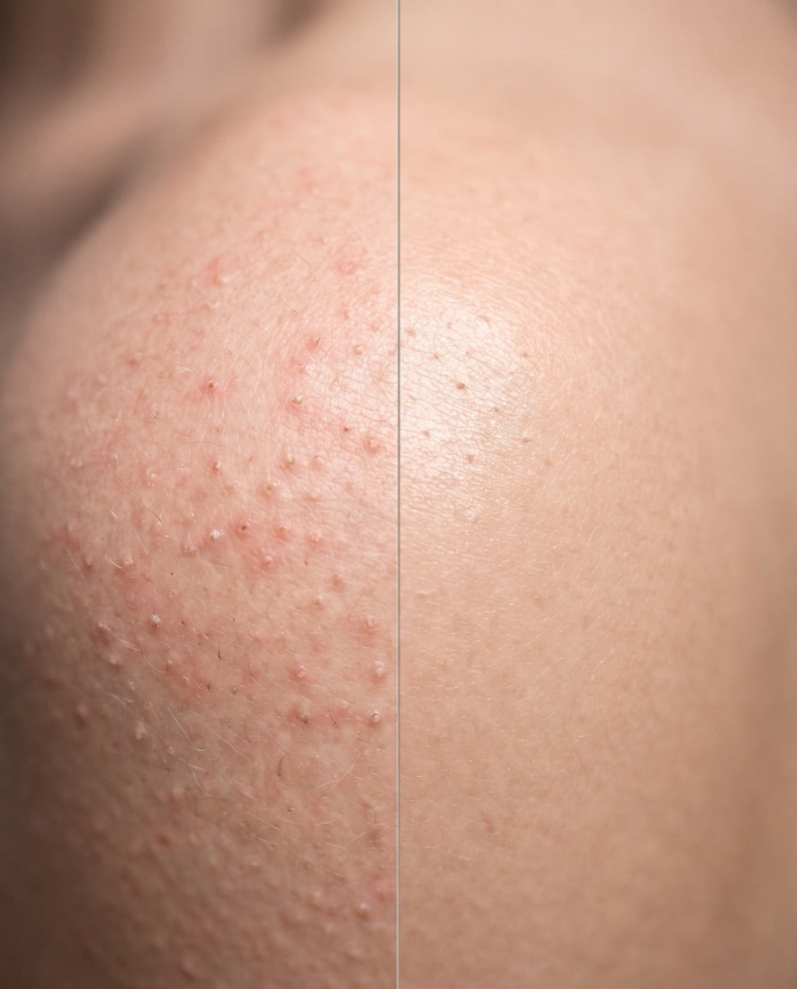 Macro view of skin: keratin-plugged follicles on the left, smooth dissolved-plug skin on the right