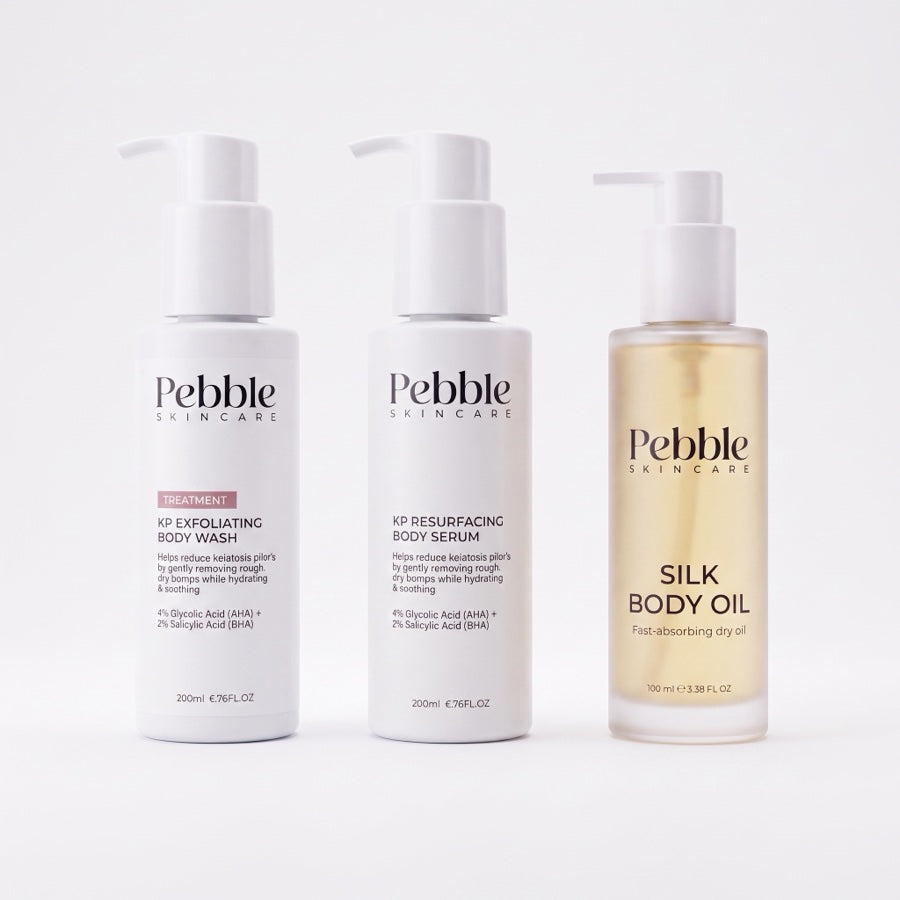 Pebble Active Clarifying Body Wash, Triple-Acid Resurfacing Serum and Silk Body Oil